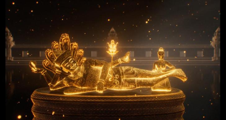 Représentation imaginée d'une statue de Vishnu, à partir des 42 fragments retrouvés (elle était alors recouverte d'or)